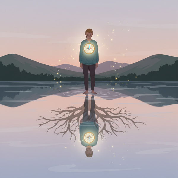 Ilustração simbólica de uma pessoa contemplando seu reflexo, com raízes firmes e uma bússola interna brilhante, representando autopercepção e direção.