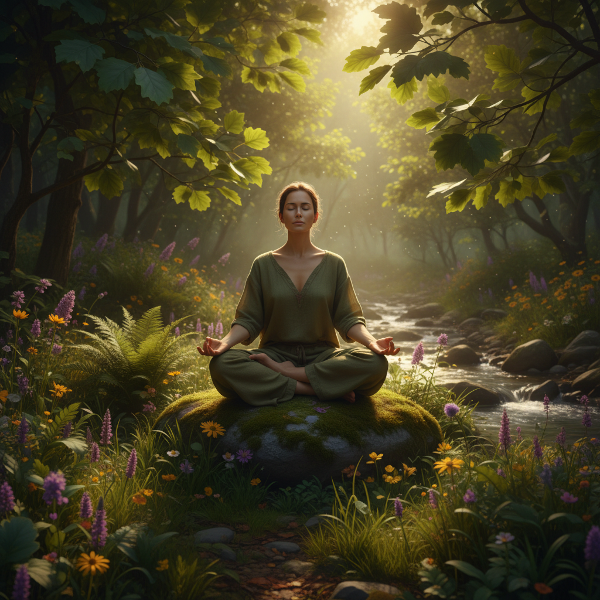 Uma pessoa em meditação tranquila em uma floresta exuberante, com raios de sol atravessando as folhas, simbolizando a harmonia entre o bem-estar mental e a natureza.