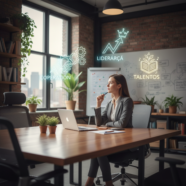 Uma pessoa em contemplação, cercada por ícones abstratos que representam talentos, colaboração e crescimento profissional, em um escritório moderno e iluminado.