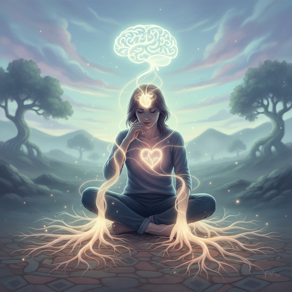 Ilustração simbólica da conexão mente-corpo, mostrando uma figura humana em contemplação com elementos visuais que representam o equilíbrio e a interação entre o psicológico e o físico.