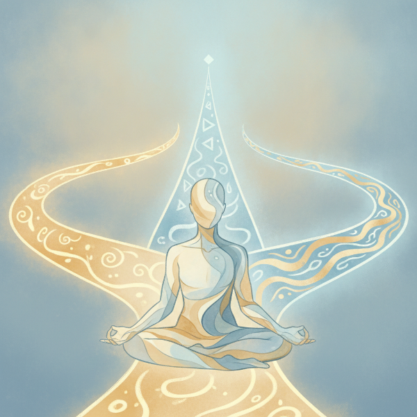 Pessoa sentada em meditação com três feixes de luz representando escolhas de valores, fundo sereno e minimalista.
