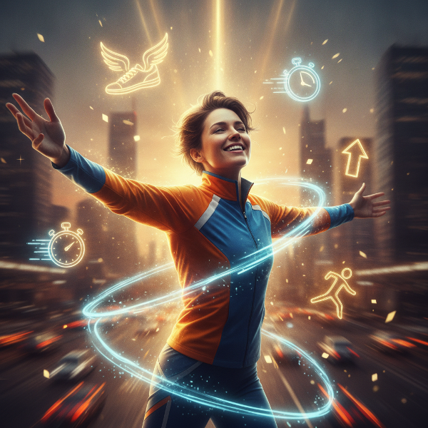 Ilustração vibrante de uma pessoa envolvida em atividades diárias com sorriso radiante, rodeada por ícones de motivação como estrelas e flechas subindo.