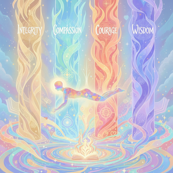 Uma pessoa no centro, cercada por pilares luminosos que representam valores essenciais, em um fundo abstrato e inspirador.