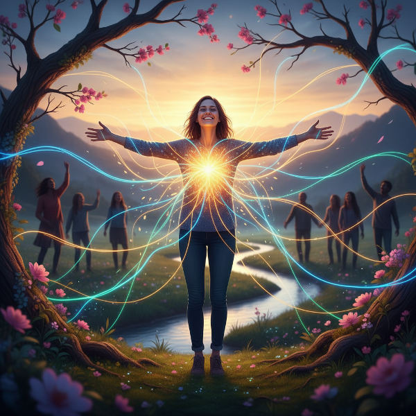 Uma imagem de uma pessoa radiante, cercada por conexões luminosas com a natureza e outras pessoas, simbolizando vitalidade psicológica e engajamento autêntico com a vida.