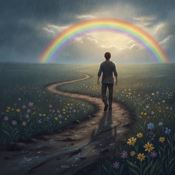 Uma pessoa de costas caminhando por um caminho sinuoso em um campo após a chuva, com nuvens se dissipando e um arco-íris aparecendo, enquanto pequenas flores crescem na lama, transmitindo esperança e superação.