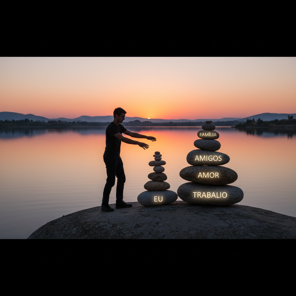 Ilustração de uma pessoa equilibrando pedras coloridas em um cenário sereno, simbolizando resiliência emocional em relacionamentos.