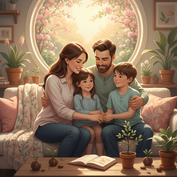 Imagem de uma família unida em um ambiente acolhedor, transmitindo resiliência emocional e superação de desafios com elementos visuais suaves e simbólicos.