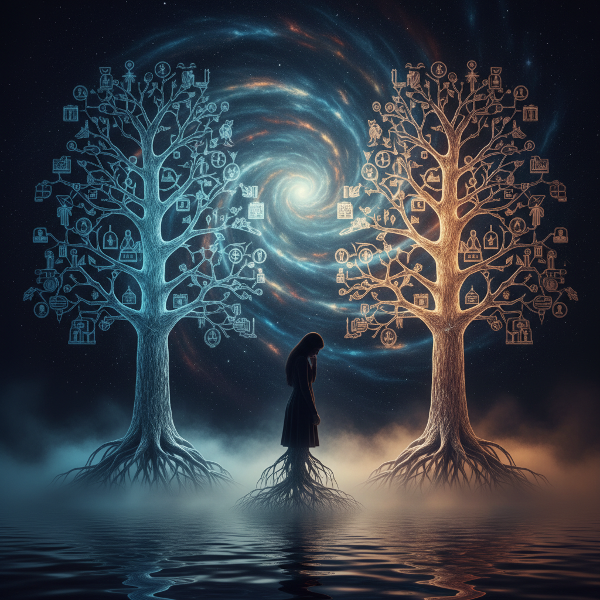 Silhueta de uma pessoa entre duas árvores genealógicas transparentes, com raízes entrelaçadas em suas pernas, em um estilo surreal e introspectivo.