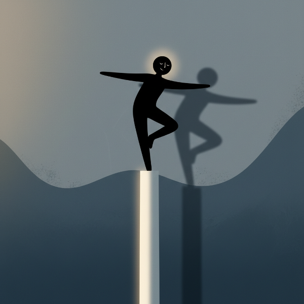 Silhueta de pessoa equilibrando-se sobre pilar em ambiente de luz e sombra, simbolizando resiliência e autoconfiança.