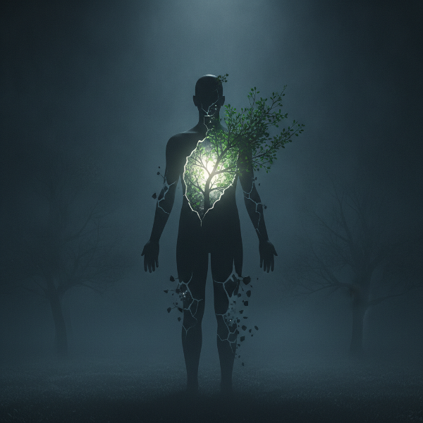 Silhueta de uma pessoa com o peito iluminado e o corpo rachado, com galhos verdes saindo das rachaduras, em fundo escuro e nevoento.