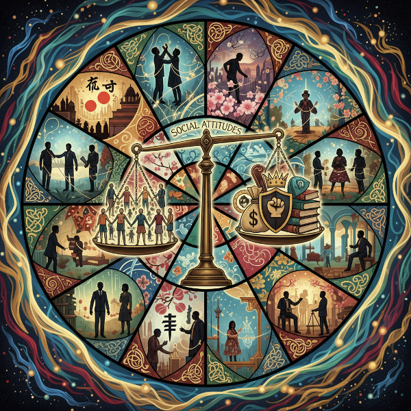 Imagem abstrata que representa a complexidade das atitudes sociais, hierarquias e igualdade, com elementos simbólicos como balanças, conexões humanas e padrões culturais.