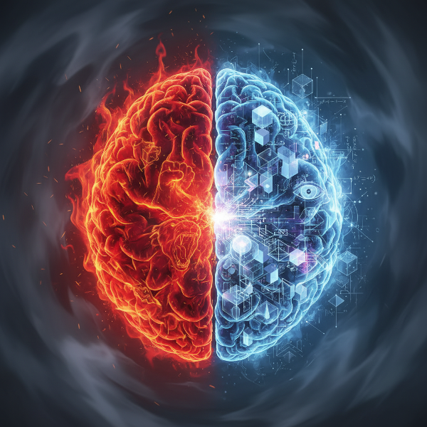 Uma imagem mostrando um cérebro dividido em dois lados: um lado com cores quentes e formas orgânicas representando emoções e instintos, e o outro lado com cores frias e padrões geométricos simbolizando razão e análise, com tensão visível entre as duas metades.