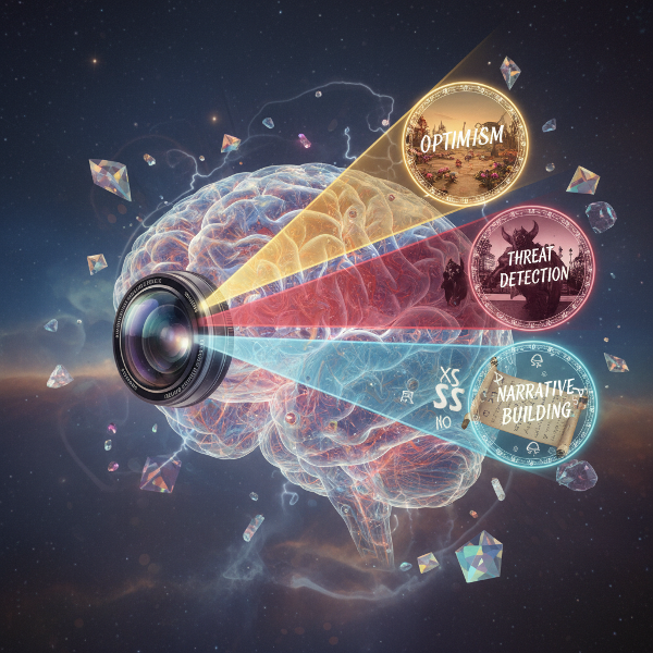 Um cérebro surreal com lente de câmera, editando a realidade com filtros de otimismo, detecção de ameaças e construção de narrativas, cercado por formas ambíguas e feixes de luz.