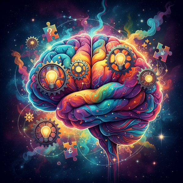 Uma ilustração surreal de um cérebro abstrato e colorido, com engrenagens, lâmpadas e peças de quebra-cabeça interconectadas, representando os diferentes estilos e processos criativos.