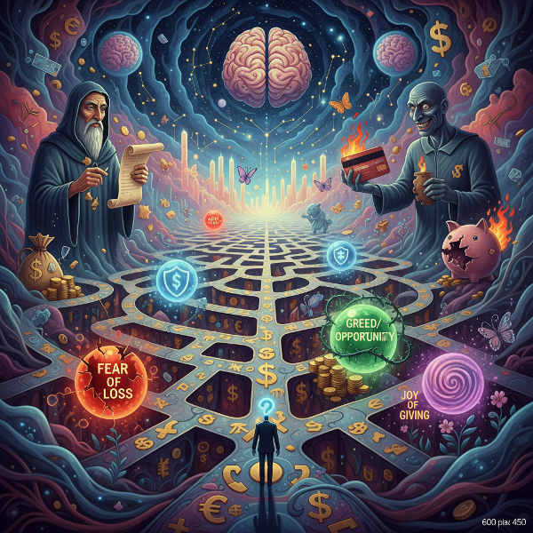 Uma ilustração surreal da mente como um labirinto, com símbolos monetários, figuras arquetípicas e gatilhos emocionais, fundindo psicologia e finanças.