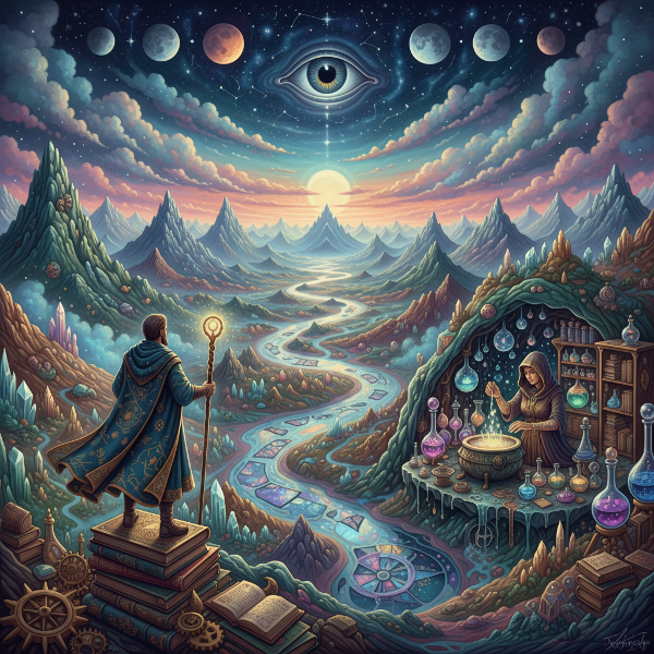 Uma ilustração de uma paisagem interior vasta e simbólica, representando arquétipos como o Explorador e o Alquimista em um cenário de vales, montanhas e rios emocionais.