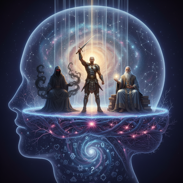 Um palco de teatro simbólico dentro de uma mente humana, com figuras arquetípicas como Herói, Sombra e Sábio atuando. Atmosfera etérea, onírica e mística.