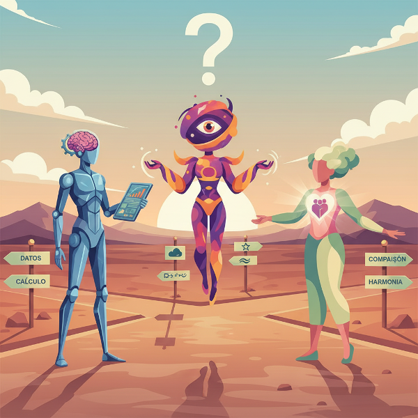 Imagem estilizada mostrando três figuras simbólicas em um caminho de bifurcação, representando diferentes perfis de tomada de decisão: racional, intuitivo e empático.