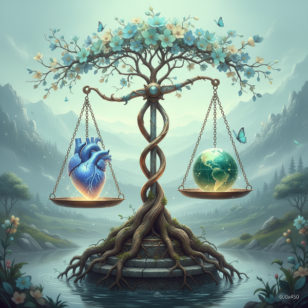 Imagem de uma balança simbólica equilibrando um coração (mundo interno) e um globo (mundo externo), com raízes representando estabilidade e ramos floridos sugerindo crescimento, em uma paleta de cores suaves e harmoniosas.