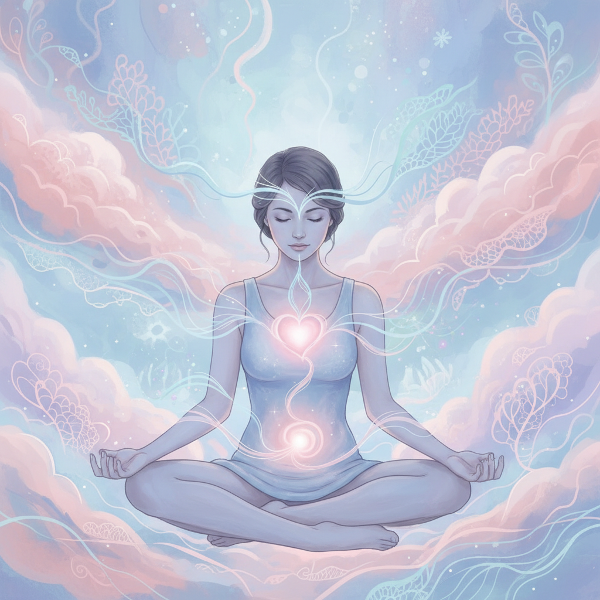 Imagem que representa a conexão mente-corpo, mostrando uma figura humana com linhas sutis ligando áreas emocionais e físicas, em cores suaves e fundo abstrato.