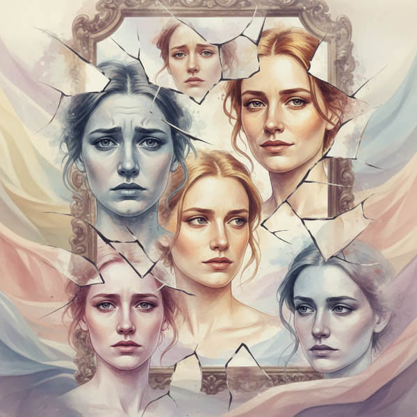 Imagem simbólica de uma pessoa em autorreflexão, com um espelho quebrado revelando diferentes facetas da autoimagem e da jornada de autoconhecimento.