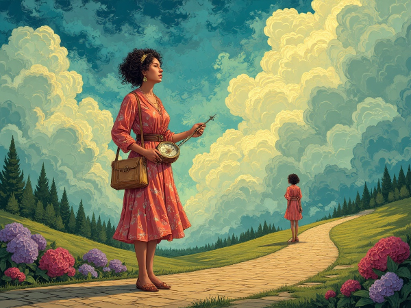 Uma mulher em uma encruzilhada simbólica, contemplando entre a compulsão alimentar e um futuro profissional brilhante, segurando uma bússola que representa autoliderança.