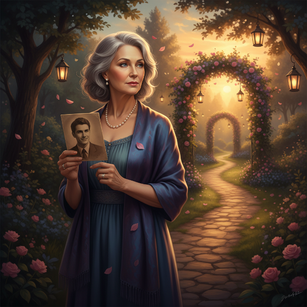 Imagem simbólica de uma mulher em um jardim ao pôr do sol, segurando uma foto de casal e contemplando um caminho iluminado à sua frente, representando a tensão entre honrar o passado e abrir-se para um novo futuro afetivo.