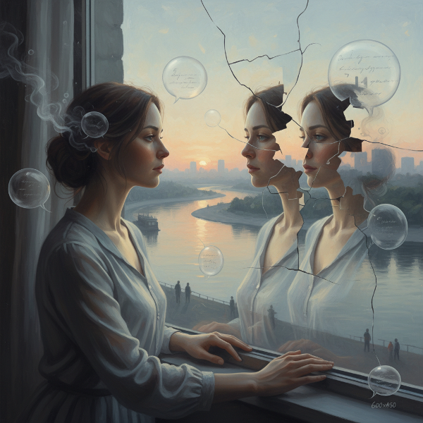 Uma mulher observa o rio da janela de seu apartamento, com seu reflexo fragmentado no vidro. Bolhas de fala desvanecidas e figuras distantes e desfocadas a cercam, simbolizando a sensação de invisibilidade e palavras que não ecoam.