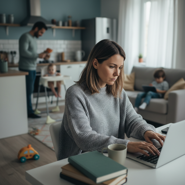 Uma mulher olhando pela janela em um ambiente de home office, com expressão contemplativa e neutra, enquanto membros da família estão desfocados ao fundo, transmitindo uma sensação de desconexão interior.