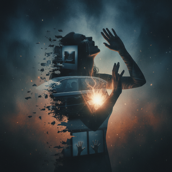 Uma mulher paralisada pelo medo, com sua silhueta se fragmentando em memórias de um carro escuro e espaços confinados, enquanto uma luz suave de esperança começa a surgir.