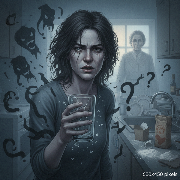 Ilustração simbolizando a raiva intensa e a sobrecarga emocional, com a presença de uma figura materna como gatilho no ambiente doméstico.