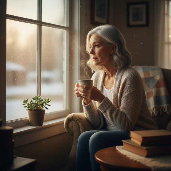 Uma mulher de meia-idade reflete com um olhar contemplativo e um pouco triste pela janela, segurando uma xícara de chá, enquanto a luz suave da manhã entra no ambiente.
