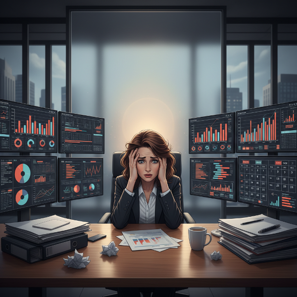 Uma mulher de meia-idade em um ambiente de escritório, sobrecarregada por prazos e pressão, mas com um vislumbre de calma possível.