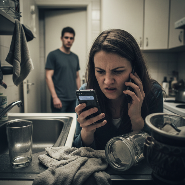 Uma mulher em conflito interno, onde pequenos estresses do dia a dia são amplificados visualmente, representando sua luta para controlar explosões de raiva.