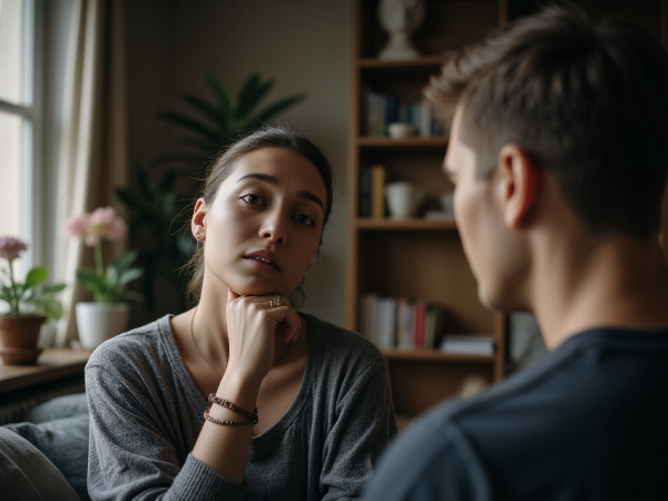 Uma mulher cansada reflete em casa, com o marido emocionalmente distante ao fundo, representando o desejo de reconectar a intimidade.