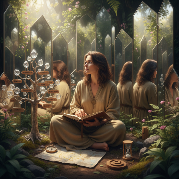 Uma mulher em contemplação em um jardim simbólico, representando a jornada de autodescoberta e a busca por identidade entre reflexos e influências externas.