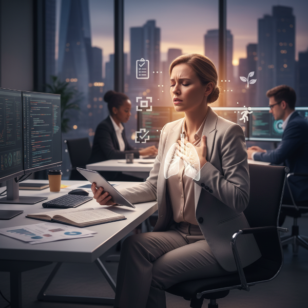 Imagem de uma mulher em um ambiente de trabalho moderno, representando a tensão entre a ansiedade por desempenho e a busca por foco e bem-estar, com elementos simbólicos de calma e produtividade.