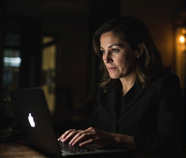 Uma mulher de 47 anos sentada à mesa de casa à noite, laptop aberto iluminando o rosto, enquanto ao fundo sua companheira aparece desfocada, simbolizando a tensão entre trabalho e vida pessoal.