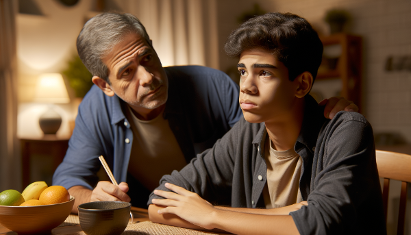 Um pai, com expressão de preocupação, observa seu filho adolescente à mesa de jantar. O jovem está recusando comida, olhando para o prato vazio. A mãe também está à mesa, com um olhar ansioso. A cena transmite uma atmosfera de tensão silenciosa e cuidado familiar.