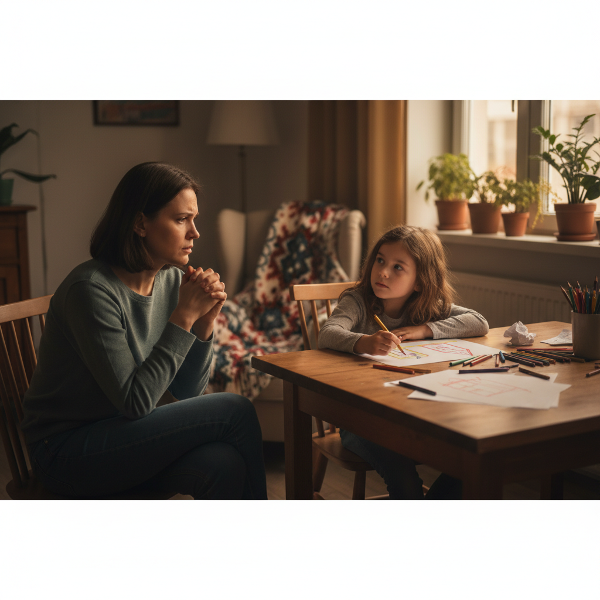 Uma mãe observa com preocupação sua filha de 9 anos, que parece agitada e distraída, incapaz de se concentrar em uma atividade simples de desenho.