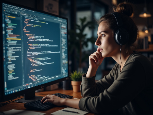 Uma desenvolvedora jovem em seu escritório, exausta e sobrecarregada, olhando para uma tela de computador em branco com linhas de código, cercada por prazos e notificações, representando esgotamento profissional.