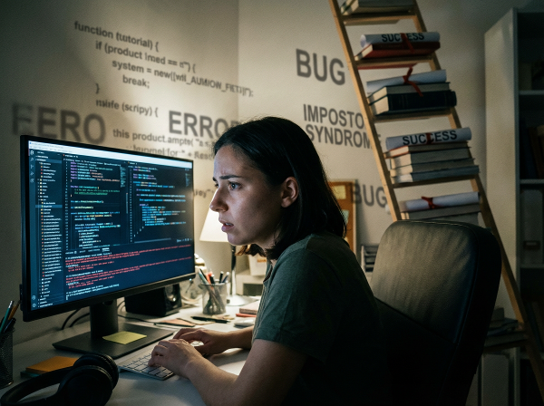 Uma mulher jovem, em seu ambiente de trabalho noturno, cercada por representações visuais de ansiedade e pressão, enquanto lida com o medo do sucesso e da falha.