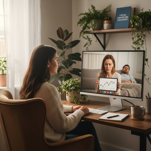 Uma psicóloga jovem em consulta online com uma cliente que parece sobrecarregada, visualizando gráficos financeiros em um tablet, enquanto seu parceiro dorme ao fundo, simbolizando rotina exaustiva e falta de conexão.