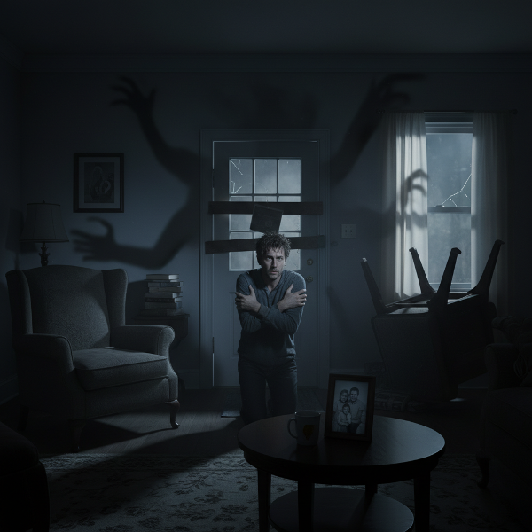 Um homem jovem em seu apartamento, com expressão de ansiedade, enquanto sombras sugerem um trauma passado, em busca de segurança.