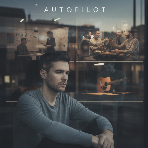 Um homem jovem sentado, observando sua própria vida como um espectador, com expressão vazia e cenas de rotina desbotadas ao redor.