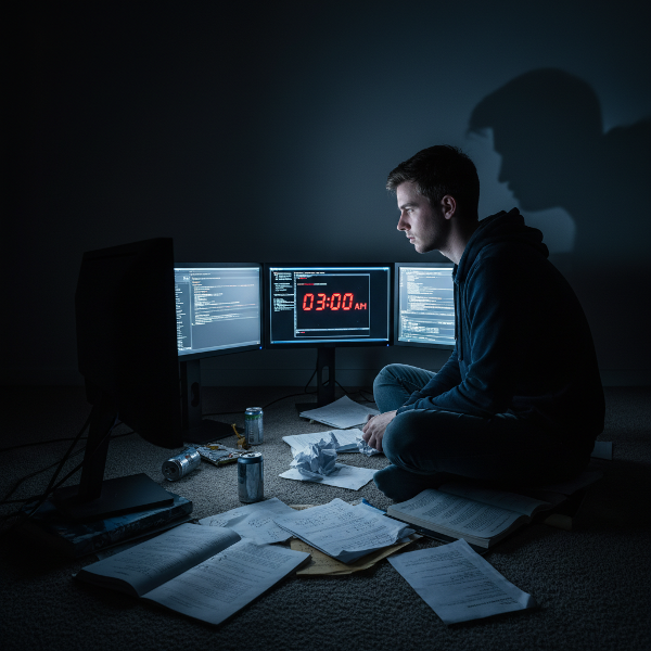 Um jovem em seu quarto à noite, cercado por múltiplas telas de computador mostrando lives de jogos, com sinais visíveis de exaustão e negligência em seu entorno.