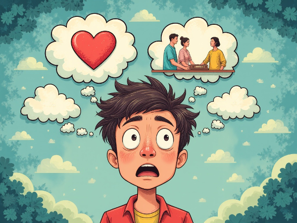 Um jovem adulto refletindo sobre a pressão dos pais, com símbolos de comunicação e alívio do estresse ao redor.