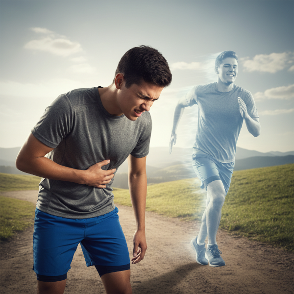 Um jovem corredor sentindo dor no peito durante o treino, com uma versão fantasmagórica de si mesmo correndo livre ao fundo, simbolizando o conflito entre o corpo e a mente.