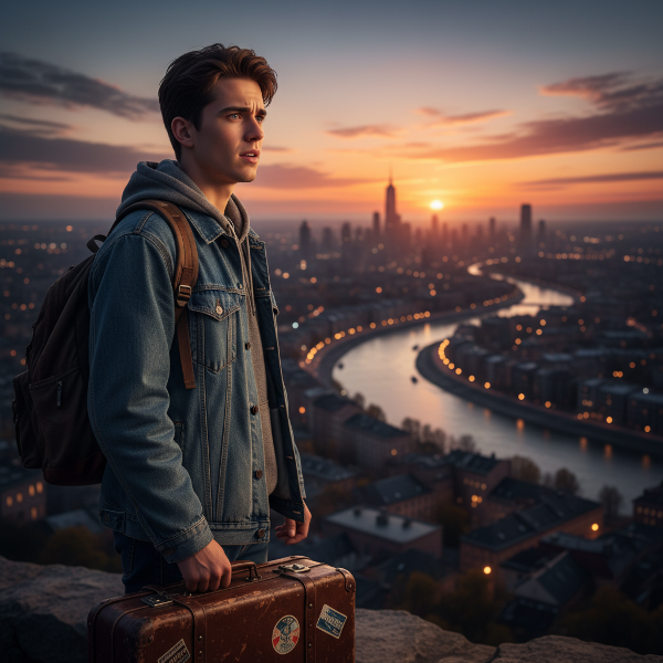 Um jovem em uma encruzilhada, com uma mala, observando uma cidade nova ao fundo, simbolizando a ansiedade e a esperança diante de uma grande mudança.