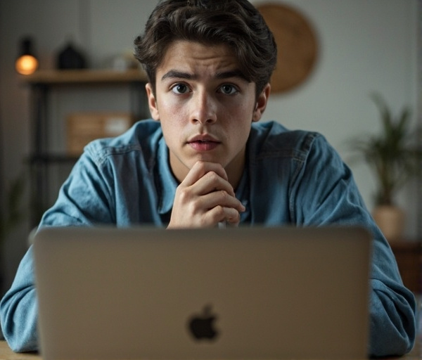 Um jovem profissional de psicologia em frente a um notebook, com expressão de dúvida e um balão de pensamento crítico, simbolizando a tensão entre timidez, autoestima e responsabilidade ética ao iniciar um serviço online.